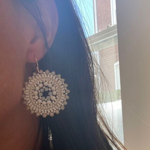 Bohemian Beaded Crystal Gem Boho Summer Vacation Hanging Earrings White and Gold - Picture 5 of 8